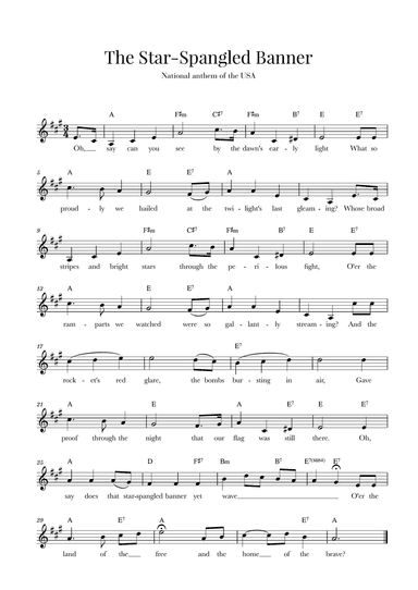 The Star Spangled Banner (National Anthem of the USA) - with lyrics - A Major