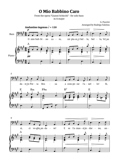 O Mio Babbino Caro - for bass (in A major)