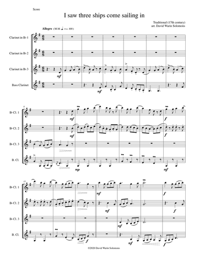 Variations on "I saw three ships come sailing in" for clarinet quartet
