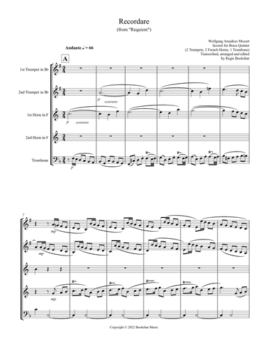Recordare (from "Requiem") (F) (Brass Quintet - 2 Trp, 2 Hrn, 1 Trb)