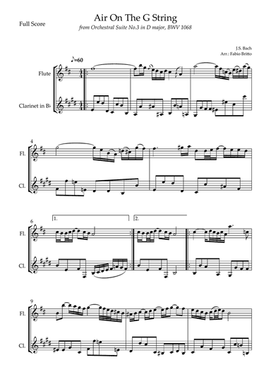Air On The G String (J.S. Bach) for Flute & Clarinet in Bb Duo