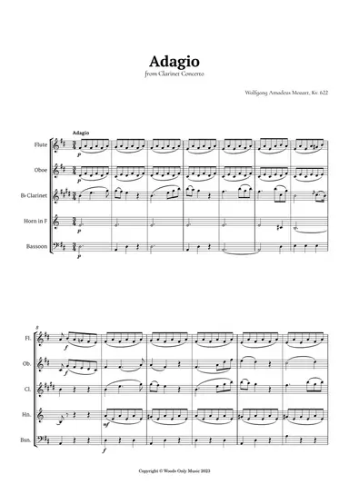 Adagio from Clarinet Concerto by Mozart for Woodwind Quintet