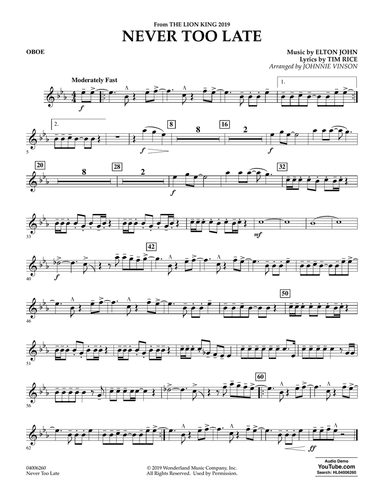 Never Too Late (from The Lion King 2019) (arr. Johnnie Vinson) - Oboe