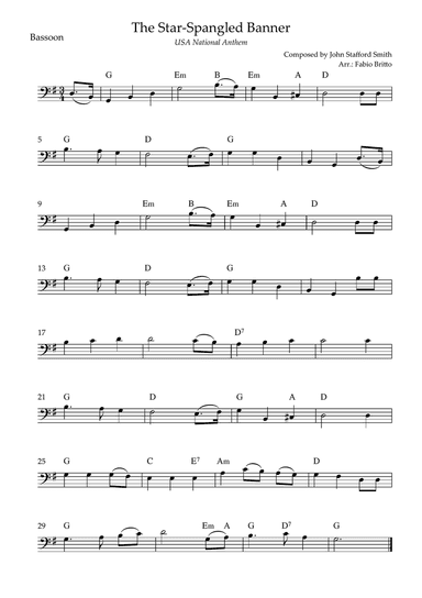 The Star Spangled Banner (USA National Anthem) for Bassoon Solo with Chords (G Major)