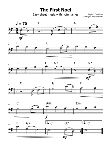 The First Noel - (C Major - with note names)
