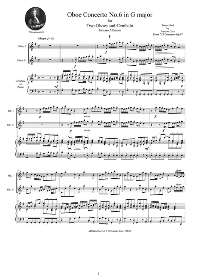 Albinoni - Oboe Concerto No.6 in G major Op.9 for Two Oboes and Cembalo (or Piano)