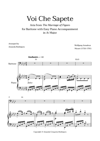 Voi Che Sapete from "The Marriage of Figaro" - Easy Baritone and Piano Aria Duet with Chords in Ab M
