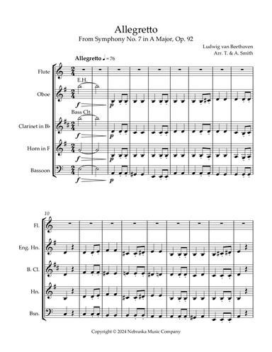 2nd Movement, " Allegretto", from Symphony No. 7 in A Major for Woodwind Quintet
