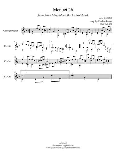 Menuet 26 from Anna Magdalena Bach's Notebook for Classical Guitar