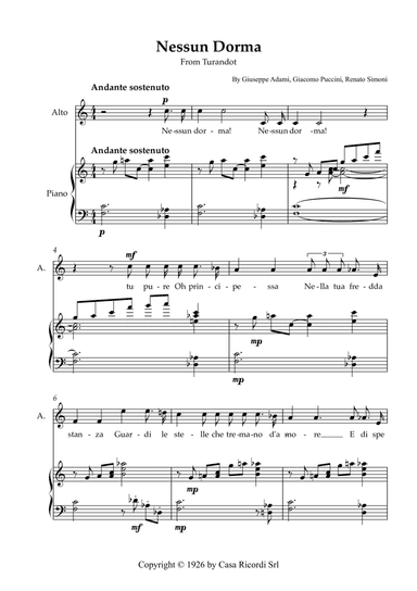 Nessun Dorma - Alto & Piano