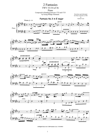 Telemann - 2 Fantasies in (E major E minor) TWV 33 No.3-4 of 36 for Piano