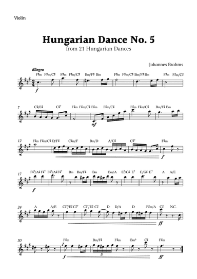 Hungarian Dance No. 5 by Brahms for Violin Solo with Chords