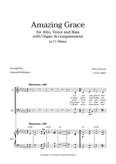 Amazing Grace in Cb Major - Alto, Tenor and Bass with Organ Accompaniment and Chords