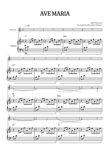 Bach / Gounod Ave Maria in C major • soprano sheet music with piano accompaniment and chords
