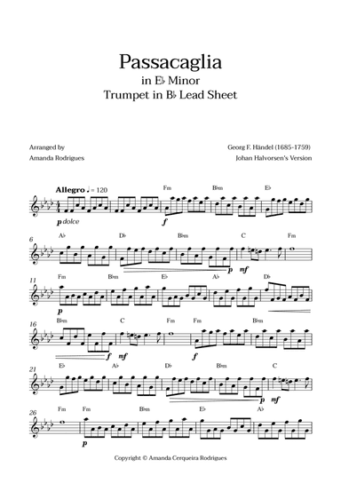 Passacaglia - Easy Trumpet in Bb Lead Sheet in Ebm Minor (Johan Halvorsen's Version)