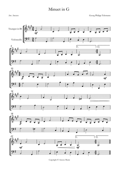 telemann twv 32:13 minuet in g Trumpet and Cello sheet music