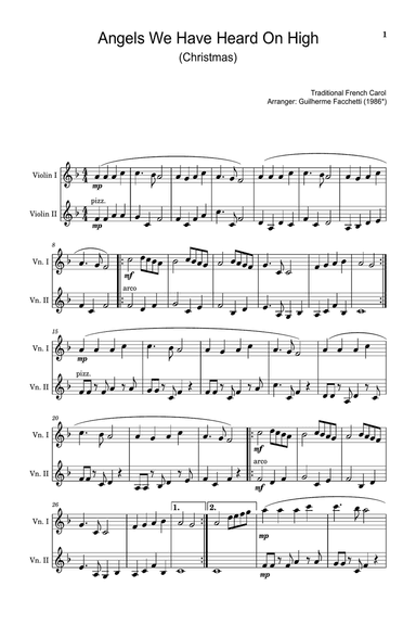 Traditional French Carol - Angels We Have Heard on High. Arrangement for Violin Duet.