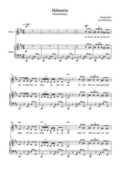 Habanera - Carmen for piano, chords and voice in B minor.