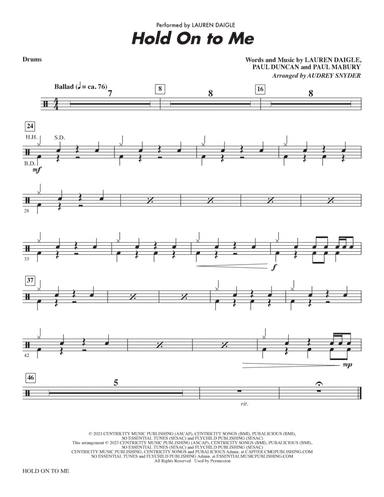 Hold On To Me (arr. Audrey Snyder) - Drums