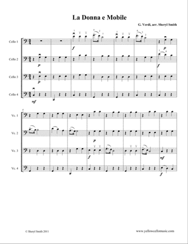 La Donna E Mobile from Rigoletto arranged for four beginner cellos (cello quartet)