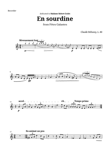 En sourdine by Debussy for Recorder