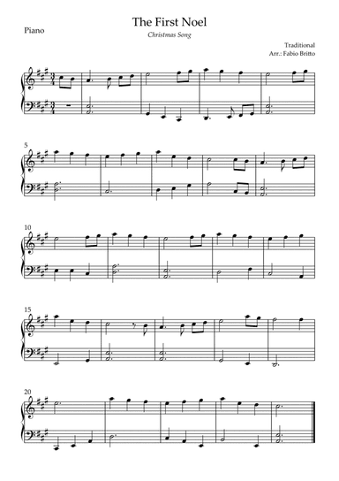 The First Noel (Christmas Song) for Easy Piano Solo in A Major