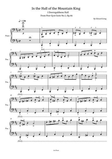 Grieg - In the Hall of the Mountain King - Peer Gynt Suite No1, Op.46 - Original With Fingered