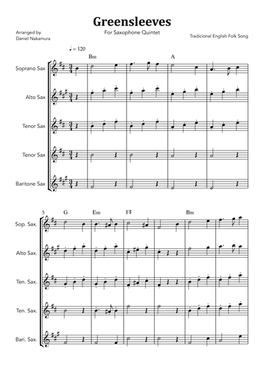 Greensleeves (For Saxophone Quintet)
