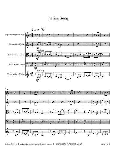 Italian Song by Tchaikovsky for String Quartet in Schools