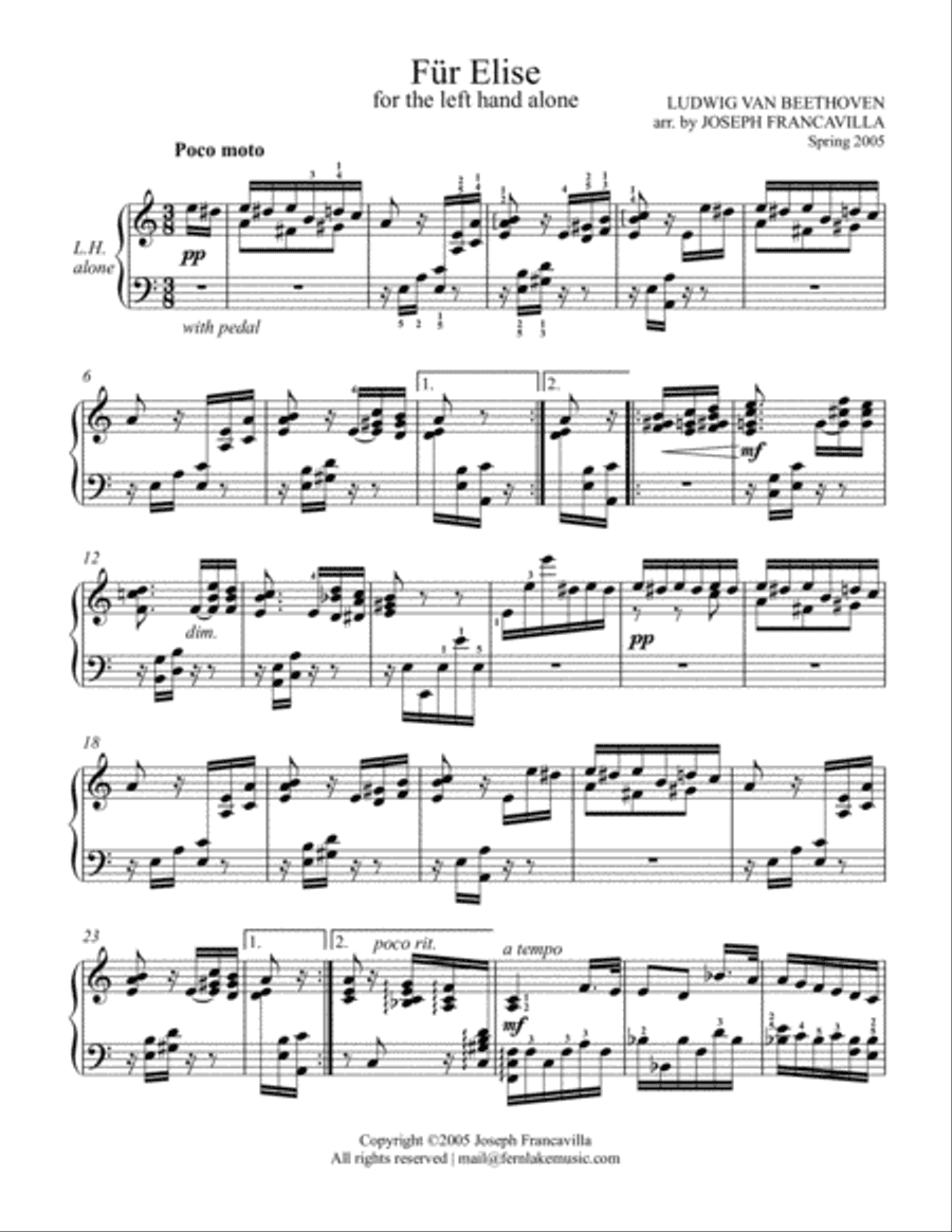 Für Elise, arranged for left hand alone