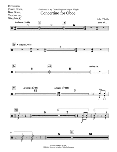 Concertino for Oboe: Percussion, (Snare Drum, Bass Drum, Tambourine, Woodblock)