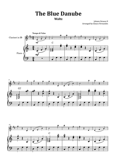 The Blue Danube - Clarinet and Piano with Chord Notations