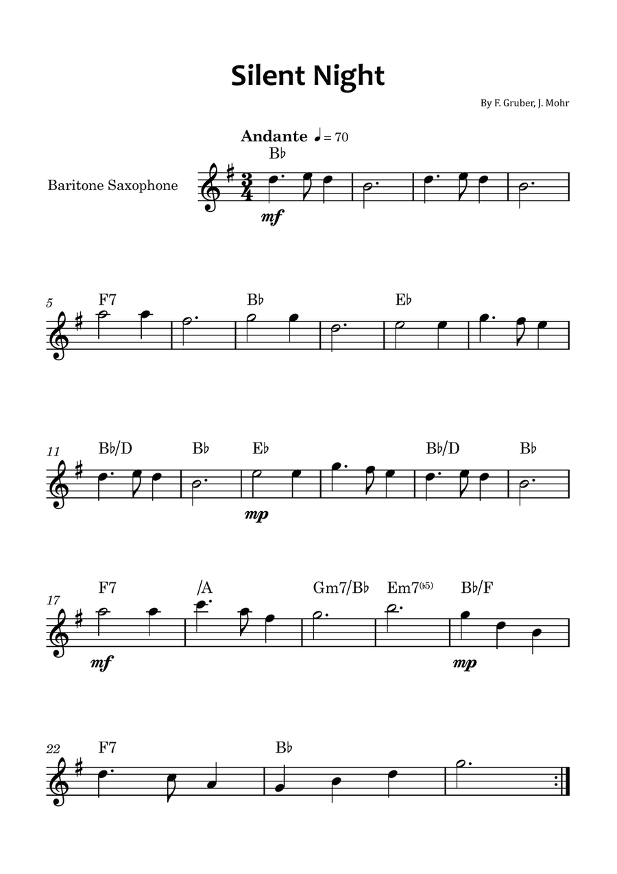 Silent Night - Baritone saxophone solo with chord symbols