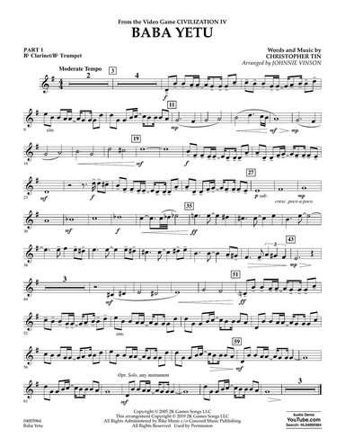 Baba Yetu (from Civilization IV) (arr. Johnnie Vinson) - Pt.1 - Bb Clarinet/Bb Trumpet