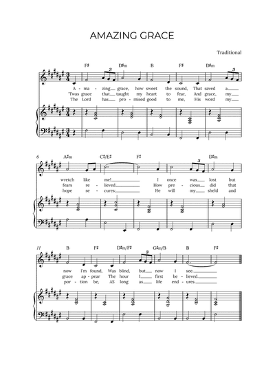 AMAZING GRACE - for piano and alto in F# major with chords