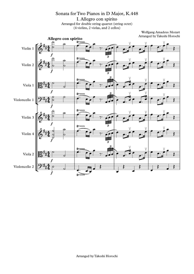 Sonata for 2 Pianos in D (Mozart) K. 448, arranged for double string quartet (string octet)