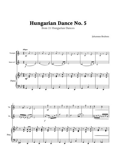 Hungarian Dance No. 5 by Brahms for Trumpet and F Horn Duet with Piano