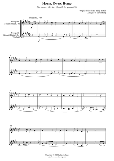 Home, Sweet Home (for trumpet (Bb) duet, suitable for grades 2-6)