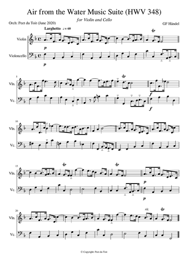 Air from the Water Music Suite (HWV 348) - GF HĂ€ndel (Violin & Cello)