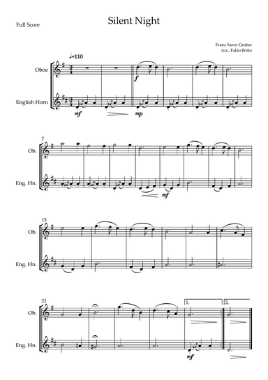 Silent Night (Christmas Song) for Oboe & English Horn Duo