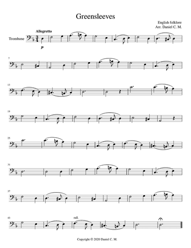 Greensleeves for trombone and piano