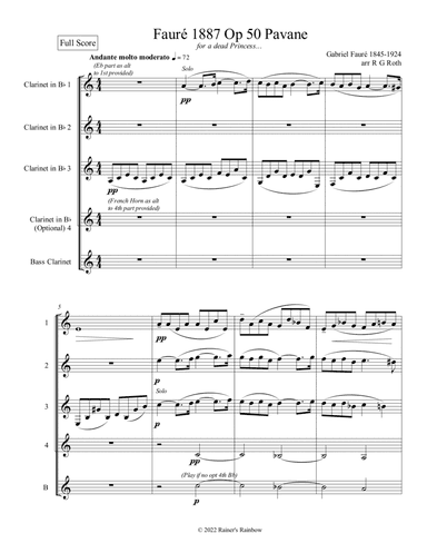 Fauré 1887 Op 50 Pavane Clarinet Quartet
