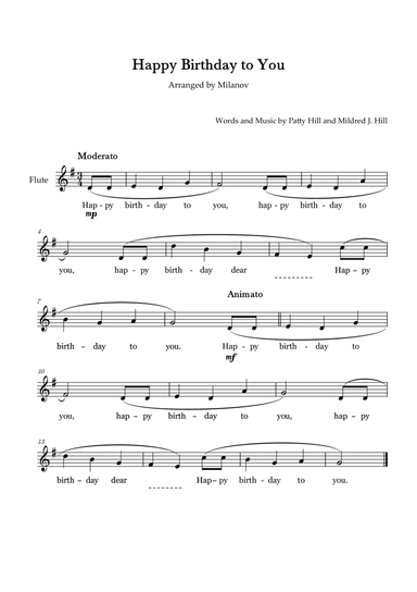 Happy Birthday to You in G Flute Lyrics