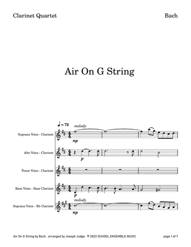 Air On G String by Bach for Clarinet Quartet in Schools