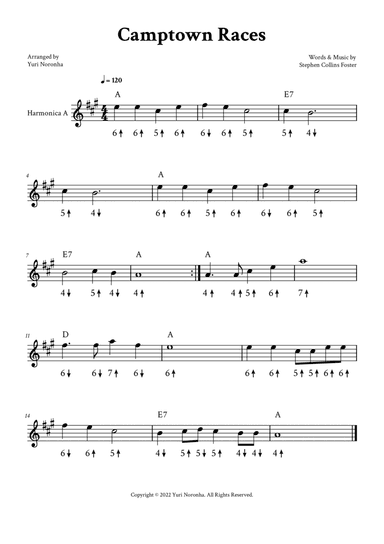 Camptown Races - Harmonica A (with TAB)