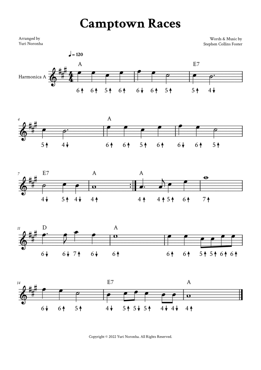 Camptown Races - Harmonica A (with TAB)