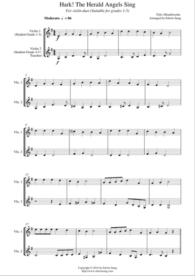 Hark! The Herald Angels Sing (for violin duet, suitable for grades 1-5)