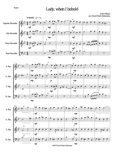 Lady, when I behold arranged for recorder quartet