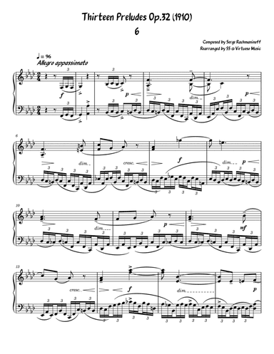 Serge Rachmaninoff 13 Prelude Op. 32 No. 6 (easy arrangement for intermediate piano)
