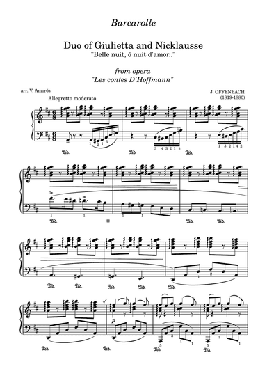 Barcarolle from Les contes D'Hoffmann by J Offenbach arr. for piano solo